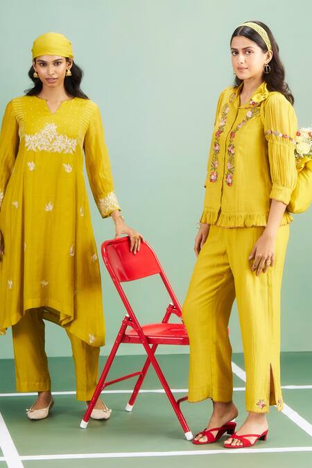 Buy_Purple Patch_Mustard Chanderi , Shantoon, Embroidery Daffodil Shirt And Pant Set _Online_at_Aza_Fashions