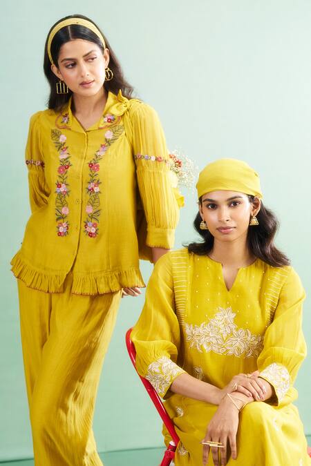 Shop_Purple Patch_Mustard Chanderi , Shantoon, Embroidery Daffodil Shirt And Pant Set _Online_at_Aza_Fashions