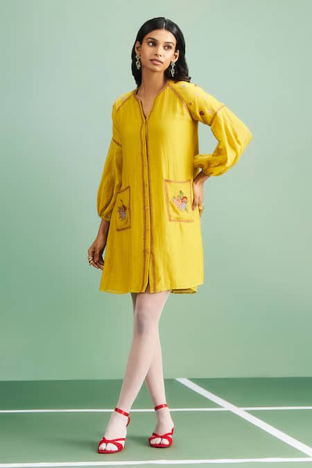 Purple Patch_Mustard Chanderi Silk, Shantoon Embroidery V-neck Buttercup Dress _Online_at_Aza_Fashions