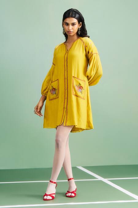 Buy_Purple Patch_Mustard Chanderi Silk, Shantoon Embroidery V-neck Buttercup Dress _Online_at_Aza_Fashions