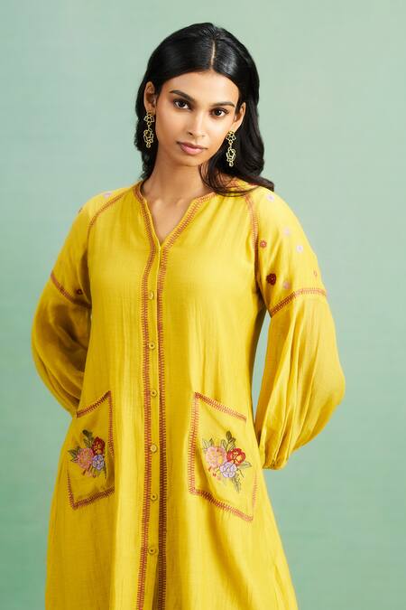 Shop_Purple Patch_Mustard Chanderi Silk, Shantoon Embroidery V-neck Buttercup Dress _Online_at_Aza_Fashions