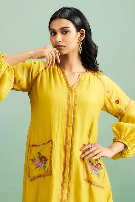 Purple Patch_Mustard Chanderi Silk, Shantoon Embroidery V-neck Buttercup Dress _at_Aza_Fashions