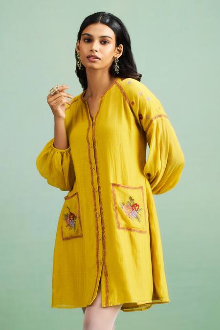 Buy_Purple Patch_Mustard Chanderi Silk, Shantoon Embroidery V-neck Buttercup Dress 