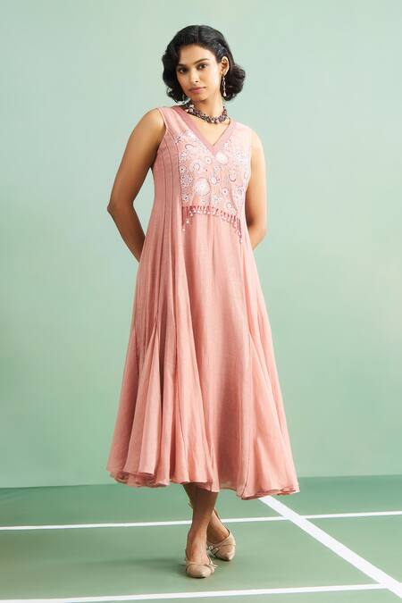 Purple Patch_Pink Chanderi Silk, Shantoon Embroidery, Tassels V-neck Camellia Midi Dress _Online_at_Aza_Fashions