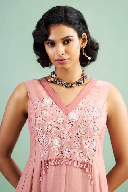 Buy_Purple Patch_Pink Chanderi Silk, Shantoon Embroidery, Tassels V-neck Camellia Midi Dress _Online_at_Aza_Fashions