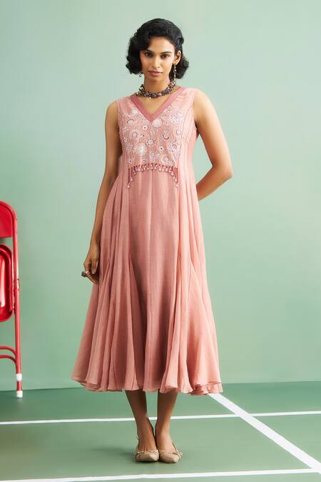 Shop_Purple Patch_Pink Chanderi Silk, Shantoon Embroidery, Tassels V-neck Camellia Midi Dress _Online_at_Aza_Fashions