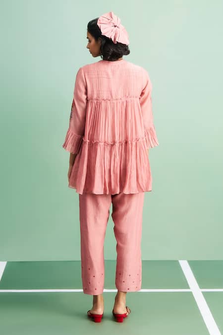 Purple Patch Peony Embroidered Peplum Top & Pant Set 