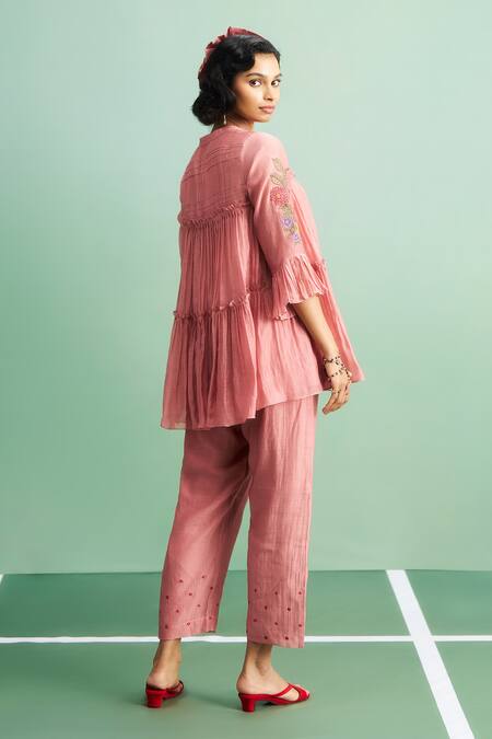 Purple Patch_Pink Chanderi Silk, Shantoon Embroidery Split Peony Peplum Top And Pant Set _Online_at_Aza_Fashions