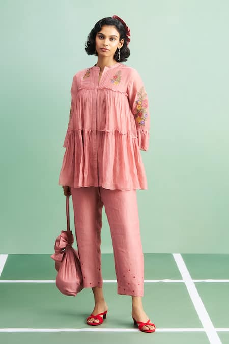 Shop_Purple Patch_Pink Chanderi Silk, Shantoon Embroidery Split Peony Peplum Top And Pant Set _Online_at_Aza_Fashions