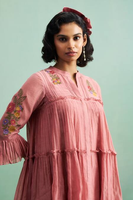 Purple Patch_Pink Chanderi Silk, Shantoon Embroidery Split Peony Peplum Top And Pant Set _at_Aza_Fashions