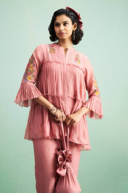 Shop_Purple Patch_Pink Chanderi Silk, Shantoon Embroidery Split Peony Peplum Top And Pant Set 