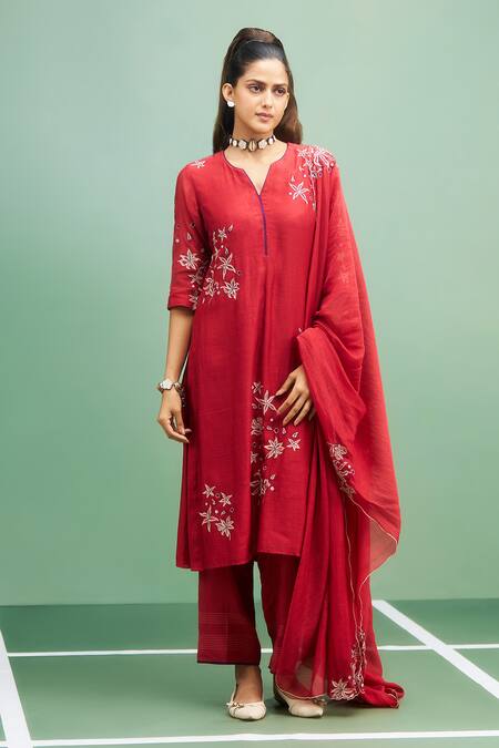 Purple Patch_Red Silk, Shantoon, Silk, Embroidery Split Hibiscus Kurta Set _Online_at_Aza_Fashions