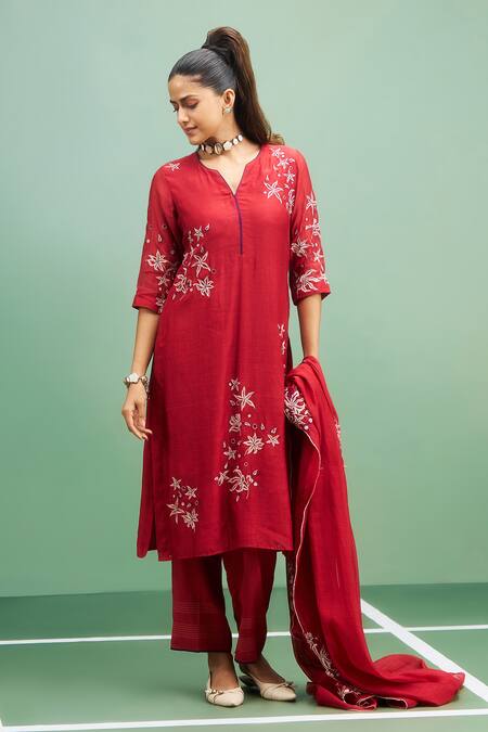 Buy_Purple Patch_Red Silk, Shantoon, Silk, Embroidery Split Hibiscus Kurta Set _Online_at_Aza_Fashions