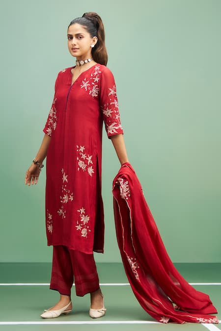 Shop_Purple Patch_Red Silk, Shantoon, Silk, Embroidery Split Hibiscus Kurta Set _Online_at_Aza_Fashions