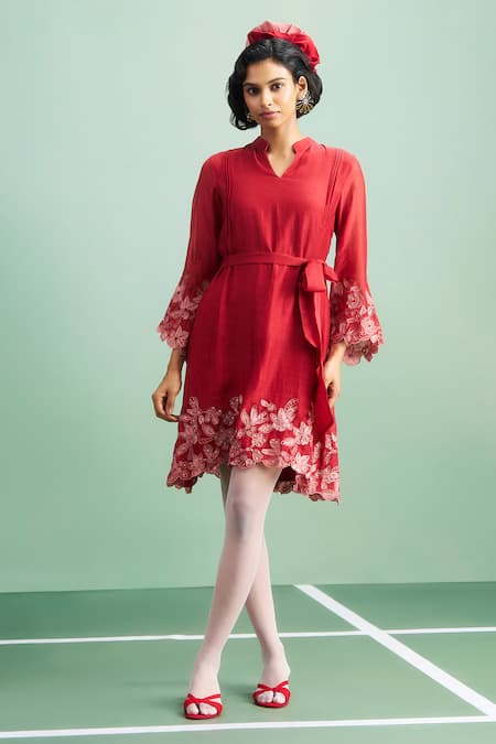 Purple Patch_Red Chanderi Silk, Shantoon Embroidery, Beads Split V-neck Anthurium Dress _Online_at_Aza_Fashions