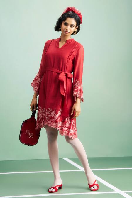 Buy_Purple Patch_Red Chanderi Silk, Shantoon Embroidery, Beads Split V-neck Anthurium Dress _Online_at_Aza_Fashions