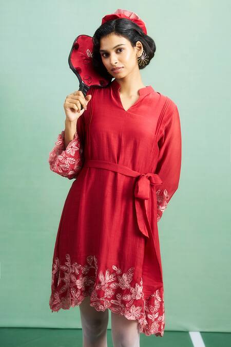 Shop_Purple Patch_Red Chanderi Silk, Shantoon Embroidery, Beads Split V-neck Anthurium Dress _Online_at_Aza_Fashions