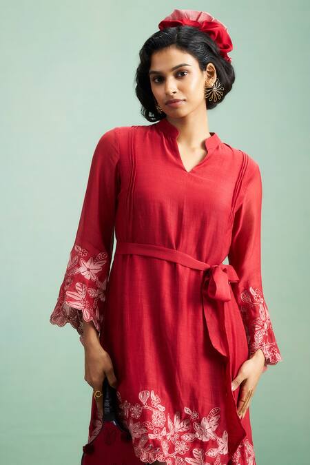 Purple Patch_Red Chanderi Silk, Shantoon Embroidery, Beads Split V-neck Anthurium Dress _at_Aza_Fashions