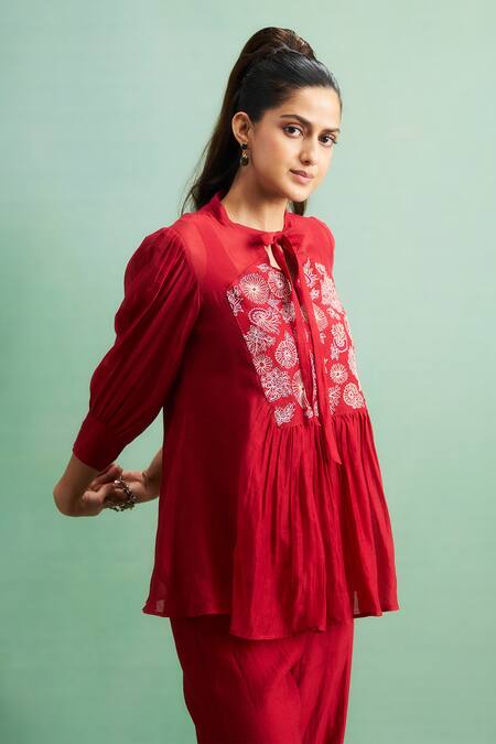 Purple Patch_Red Chanderi Silk, Shantoon Embroidery Mandarin Collar Poppy Peplum Kurta Set _Online_at_Aza_Fashions