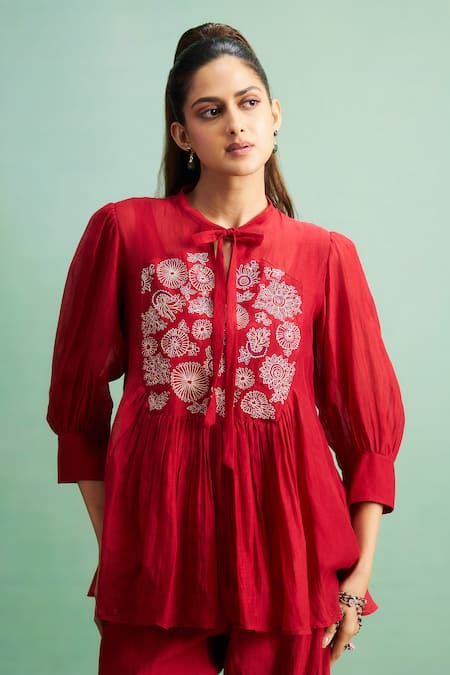 Shop_Purple Patch_Red Chanderi Silk, Shantoon Embroidery Mandarin Collar Poppy Peplum Kurta Set _Online_at_Aza_Fashions