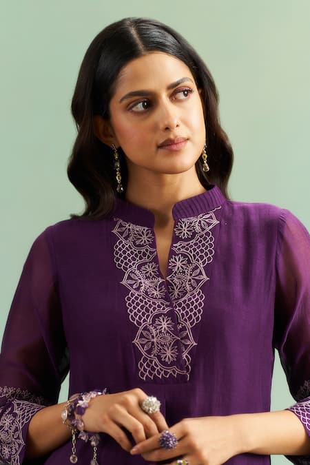 Purple Patch_Purple Chanderi Silk, Shantoon Embroidery Mandarin Collar, Bell Flower Kurta Set _Online_at_Aza_Fashions