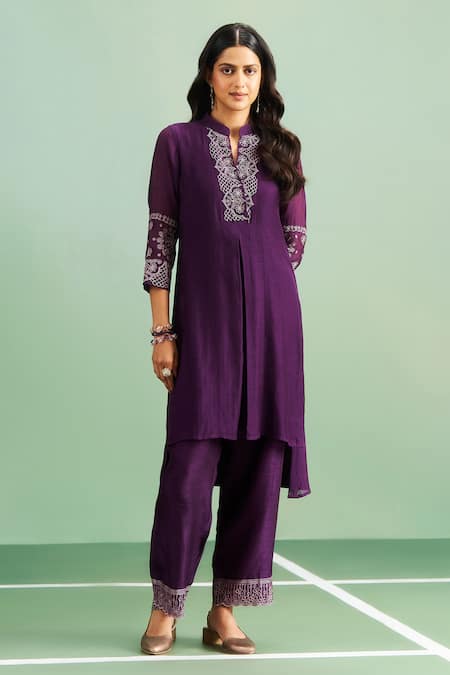Buy_Purple Patch_Purple Chanderi Silk, Shantoon Embroidery Mandarin Collar, Bell Flower Kurta Set _Online_at_Aza_Fashions
