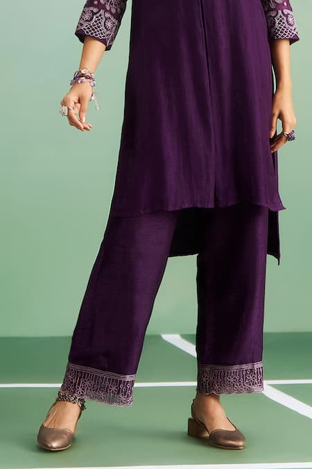 Shop_Purple Patch_Purple Chanderi Silk, Shantoon Embroidery Mandarin Collar, Bell Flower Kurta Set _Online_at_Aza_Fashions