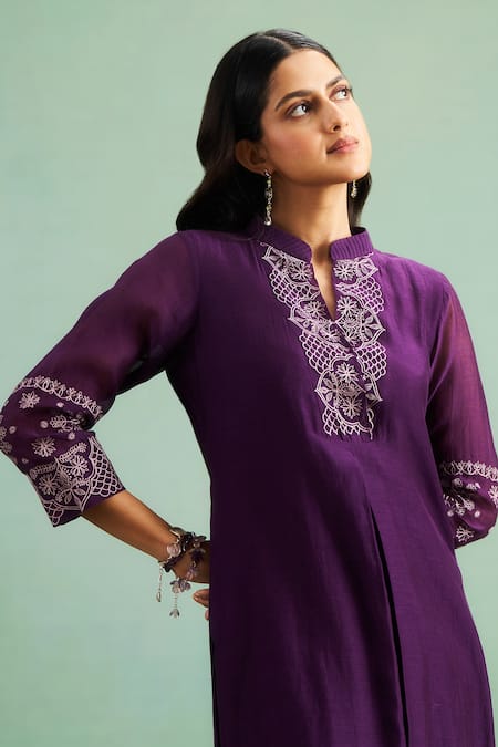 Purple Patch_Purple Chanderi Silk, Shantoon Embroidery Mandarin Collar, Bell Flower Kurta Set _at_Aza_Fashions