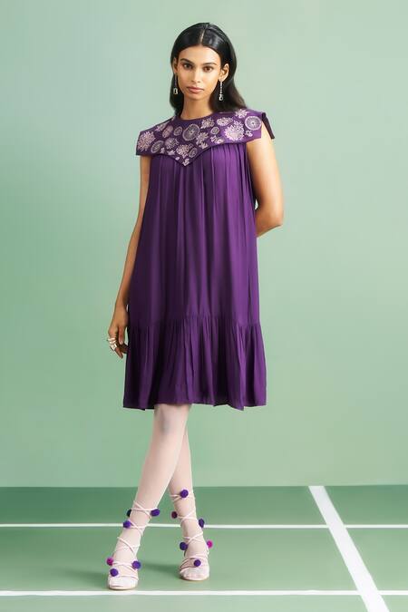 Purple Patch_Purple Crepe Embroidery Round Neck Iris Dress _Online_at_Aza_Fashions
