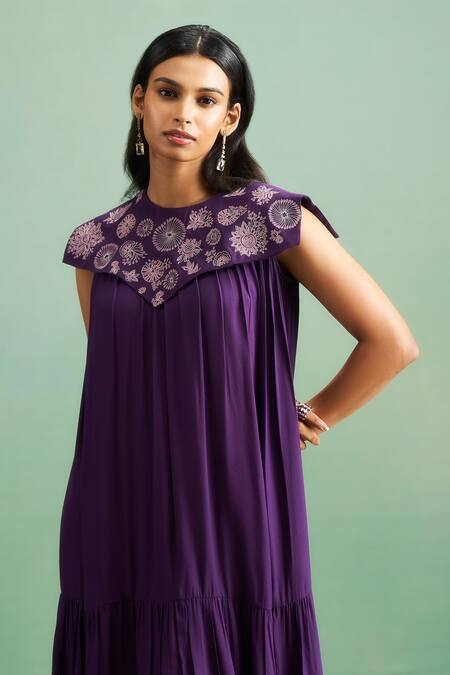 Buy_Purple Patch_Purple Crepe Embroidery Round Neck Iris Dress _Online_at_Aza_Fashions