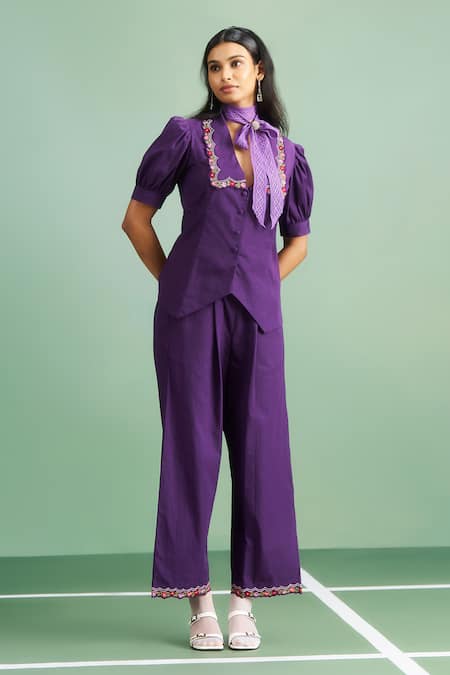 Purple Patch Allium Embroidered Top & Pant Set 
