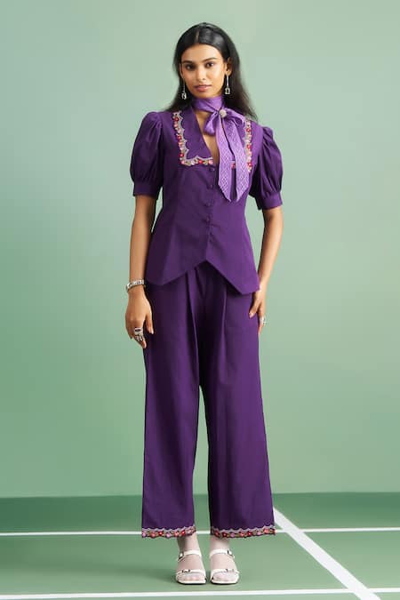 Purple Patch Allium Embroidered Top & Pant Set 