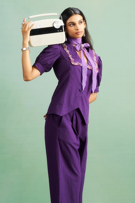 Buy_Purple Patch_Purple Poplin Embroidery V-neck, Collared Allium Top And Pant Set _Online_at_Aza_Fashions
