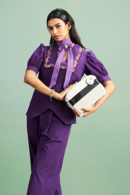 Purple Patch_Purple Poplin Embroidery V-neck, Collared Allium Top And Pant Set _at_Aza_Fashions