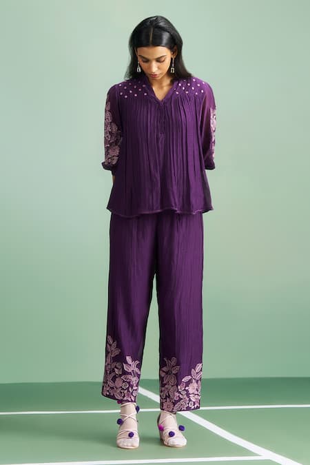 Purple Patch_Purple Chanderi Silk, Shantoon Embroidery Split V-neck Wisteria Top And Pant Set _Online_at_Aza_Fashions