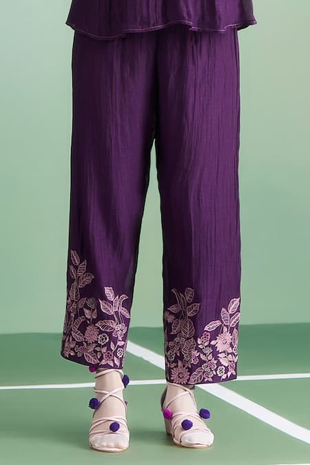 Buy_Purple Patch_Purple Chanderi Silk, Shantoon Embroidery Split V-neck Wisteria Top And Pant Set _Online_at_Aza_Fashions