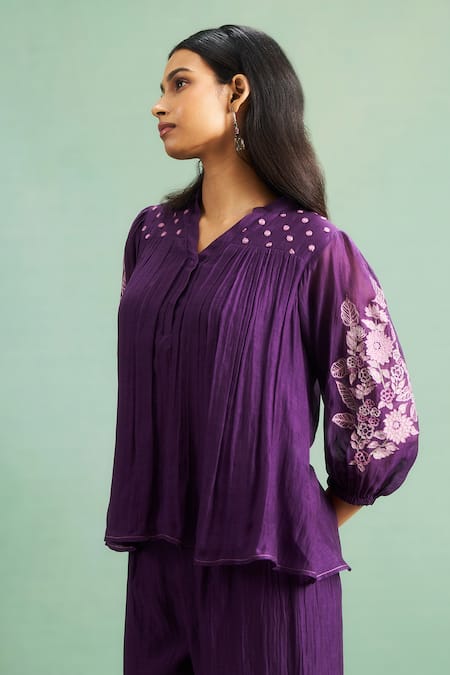 Shop_Purple Patch_Purple Chanderi Silk, Shantoon Embroidery Split V-neck Wisteria Top And Pant Set _Online_at_Aza_Fashions