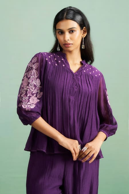 Purple Patch_Purple Chanderi Silk, Shantoon Embroidery Split V-neck Wisteria Top And Pant Set _at_Aza_Fashions