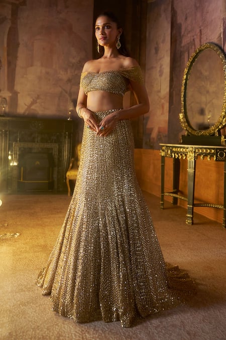 Seema Gujral Antqiue Gold Sequin Trail Skirt Set 