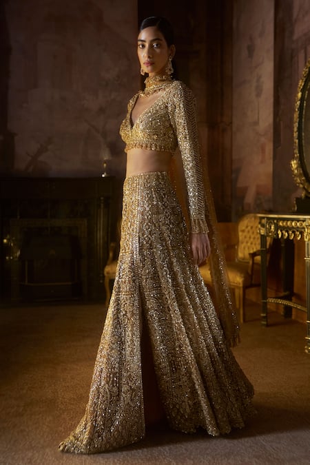 Buy_Seema Gujral_Gold Net Crystals, Beads, Sequins, Embroidery, Tassels Tonal Slit Skirt Set _Online_at_Aza_Fashions