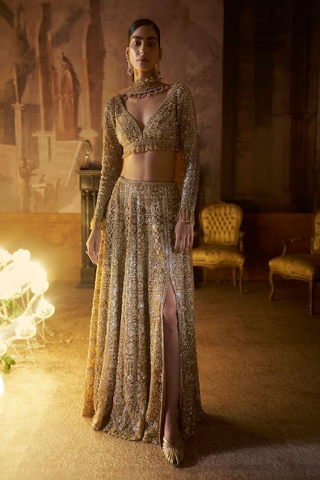 Seema Gujral Gold Tonal Embroidered Slit Skirt Set 