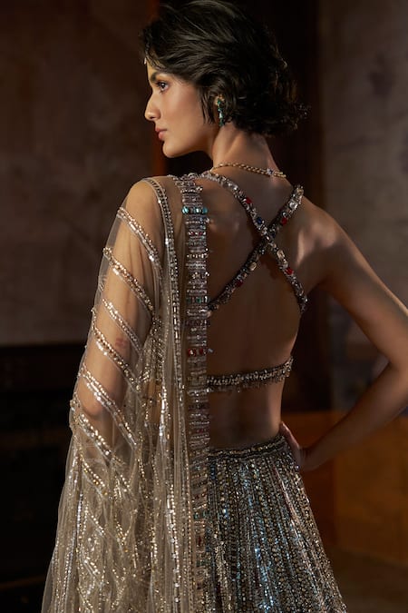 Seema Gujral_Charcoal Net Crystals, Stones, Tassels, Embroidery V-neck Lehenga Set _Online_at_Aza_Fashions