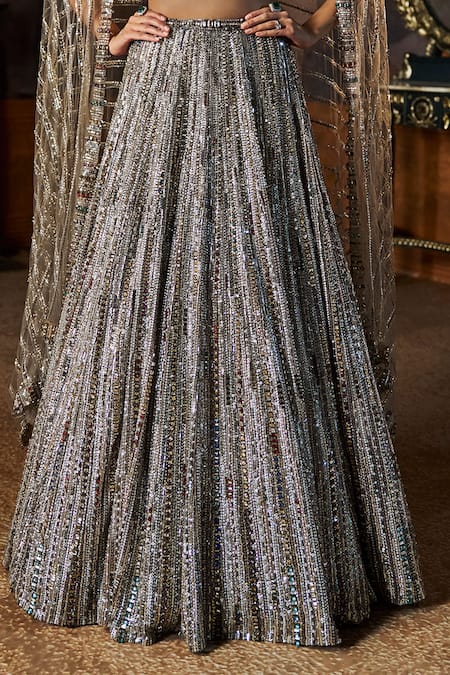 Shop_Seema Gujral_Charcoal Net Crystals, Stones, Tassels, Embroidery V-neck Lehenga Set _Online_at_Aza_Fashions
