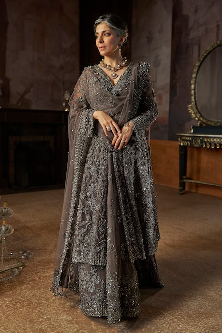 Seema Gujral Charcoal Tonal Embroidered Jacket Lehenga Set 