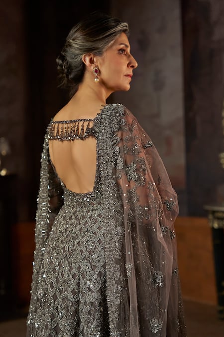 Shop_Seema Gujral_Charcoal Net Sequins, Beads, Crystals, Embroidery, Tonal Jacket Lehenga Set _at_Aza_Fashions