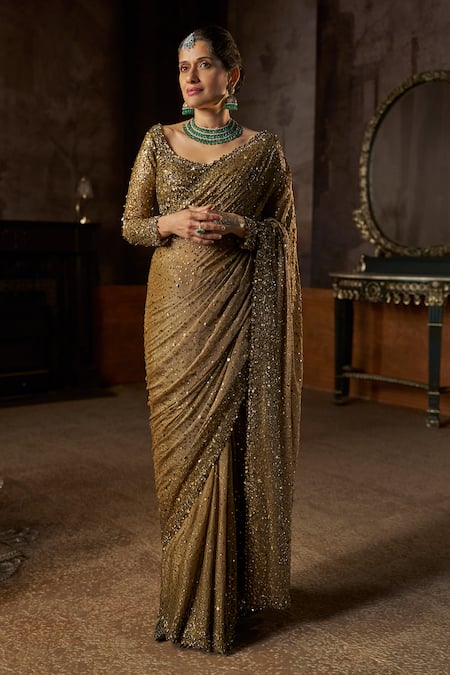 Seema Gujral Antique Gold Georgette Sequin Saree With Blouse 