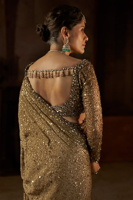 Seema Gujral Antique Gold Georgette Sequin Saree With Blouse 