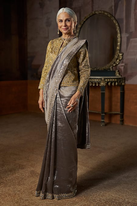 Seema Gujral Grey Metallic Saree With Embroidered Blouse 