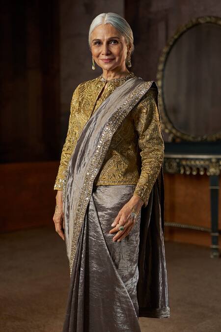 Buy_Seema Gujral_Gray Tissue, Organza Stones, Zari, Embroidery Grey Metallic Saree With Blouse _Online_at_Aza_Fashions