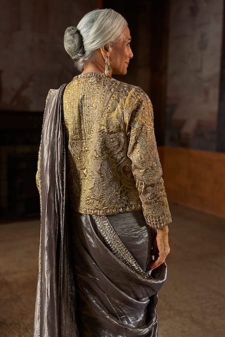 Seema Gujral Grey Metallic Saree With Embroidered Blouse 